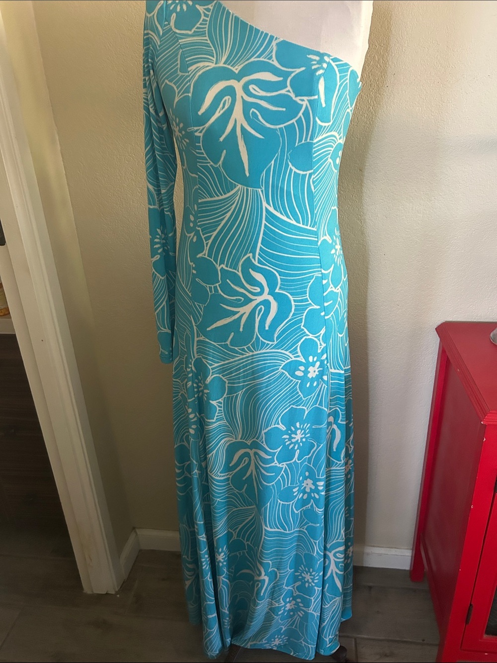 IOLANI Women's One-Shoulder Blue White Floral Maxi Dress, 3XS